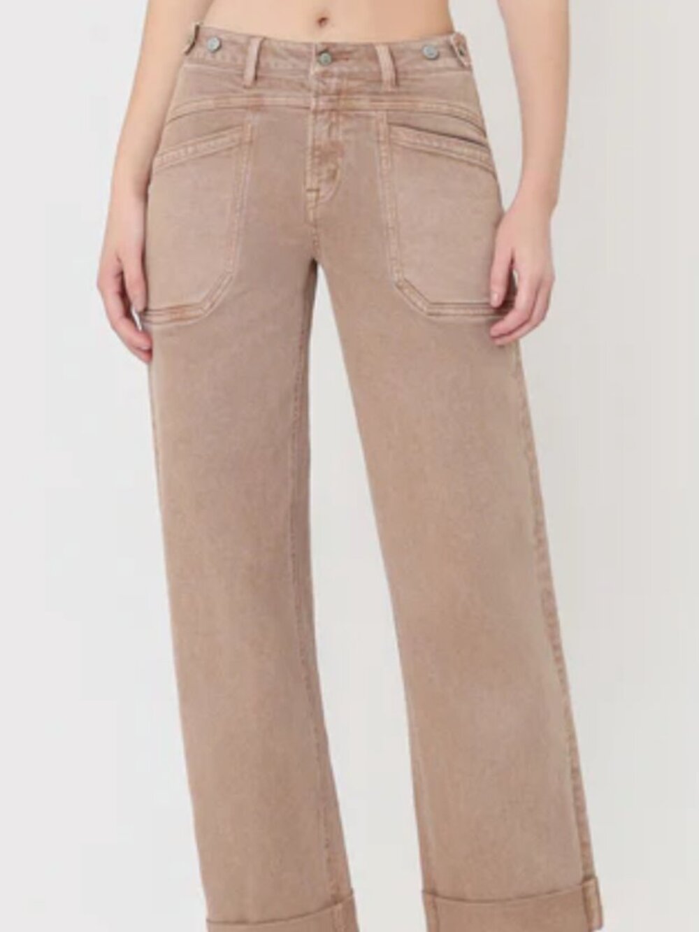 Flying Monkey WARM TAUPE High Rise Tab Waistband Slim Wide Jeans